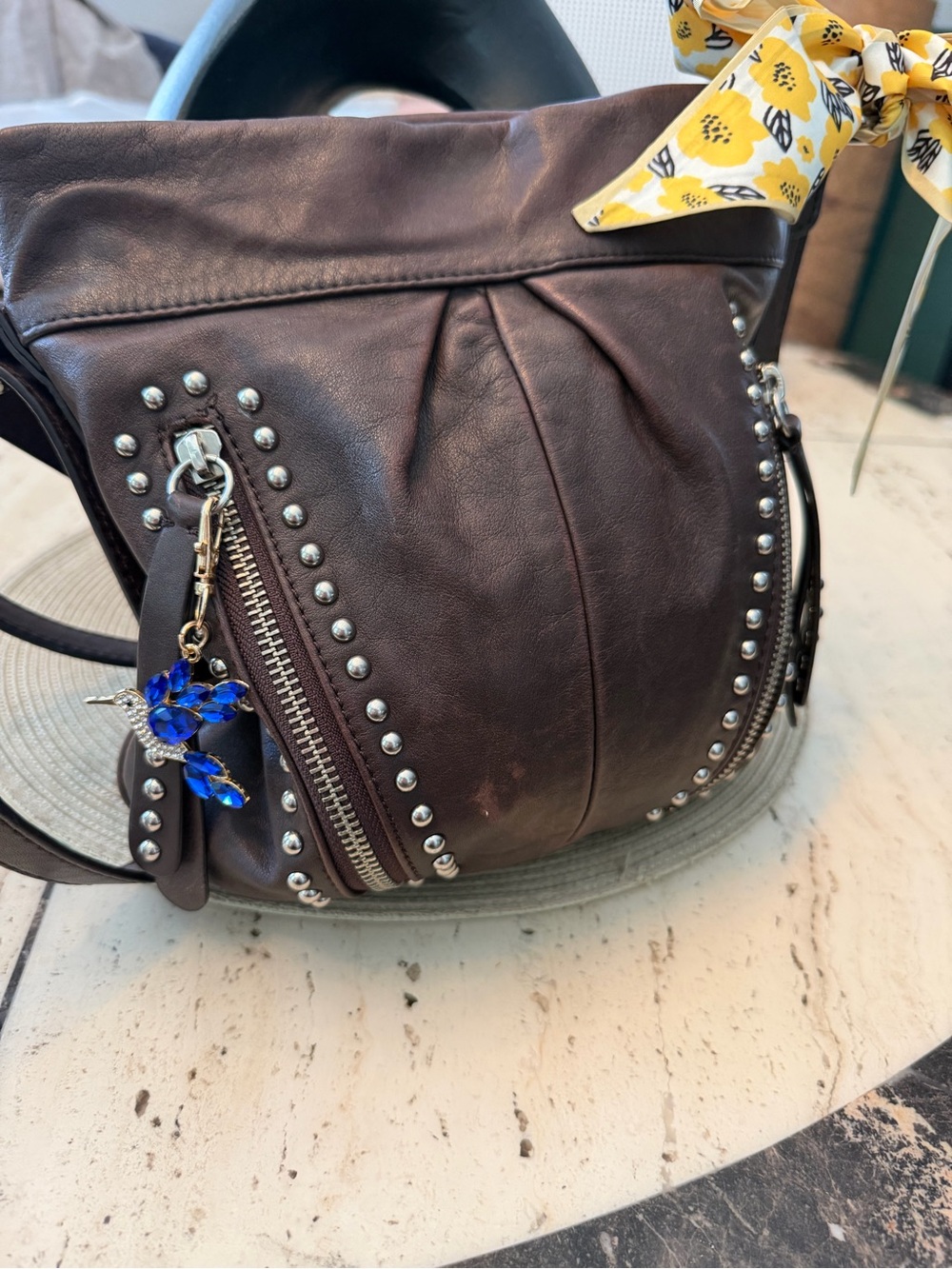 b. makowsky Brown Studded Leather Shoulder Bag with Twilly and Hummingbird Charm